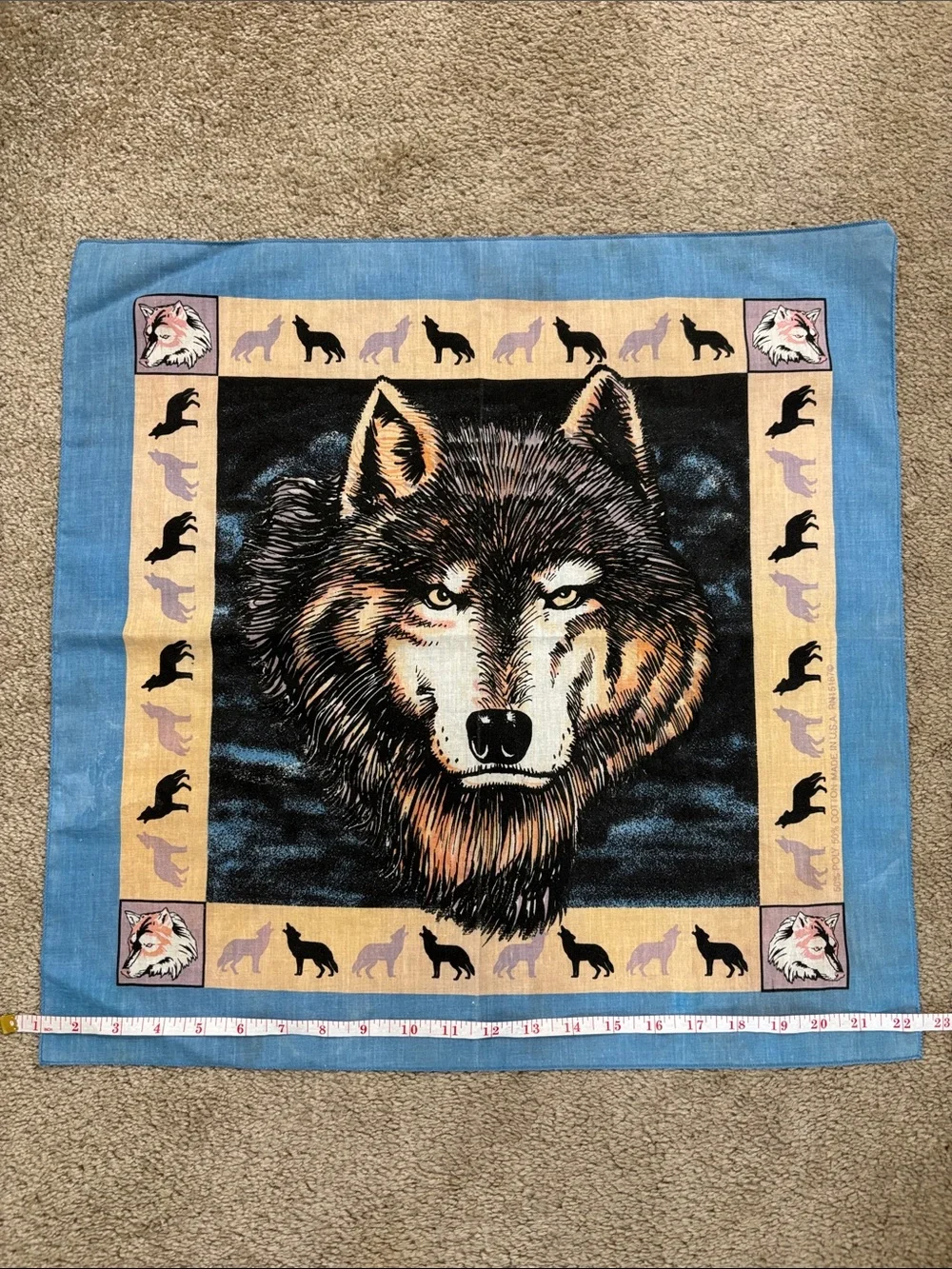 Wolf Print Bandana Scarf in Blue and Tan